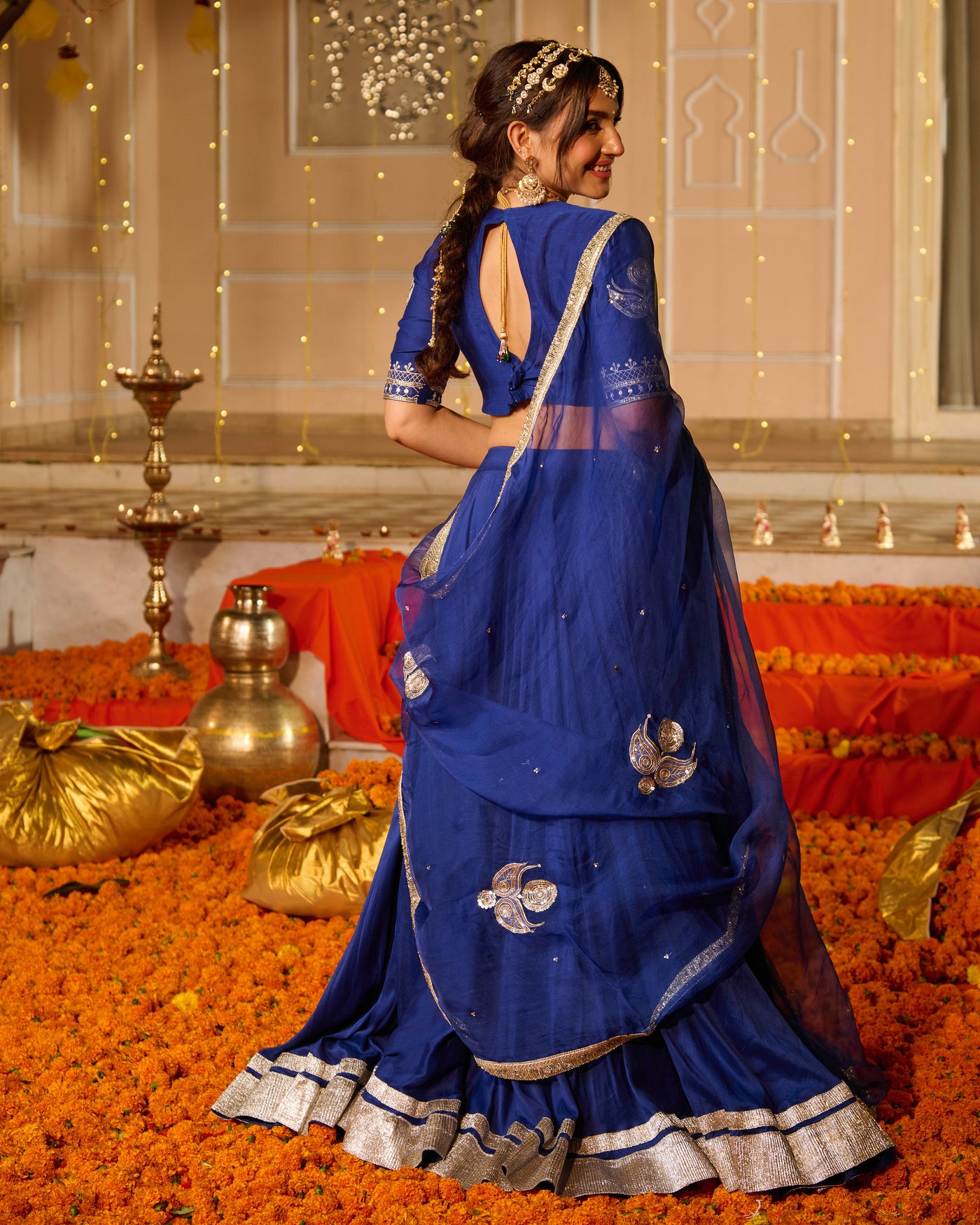Kanika Blue Solid Chanderi Lehenga Set