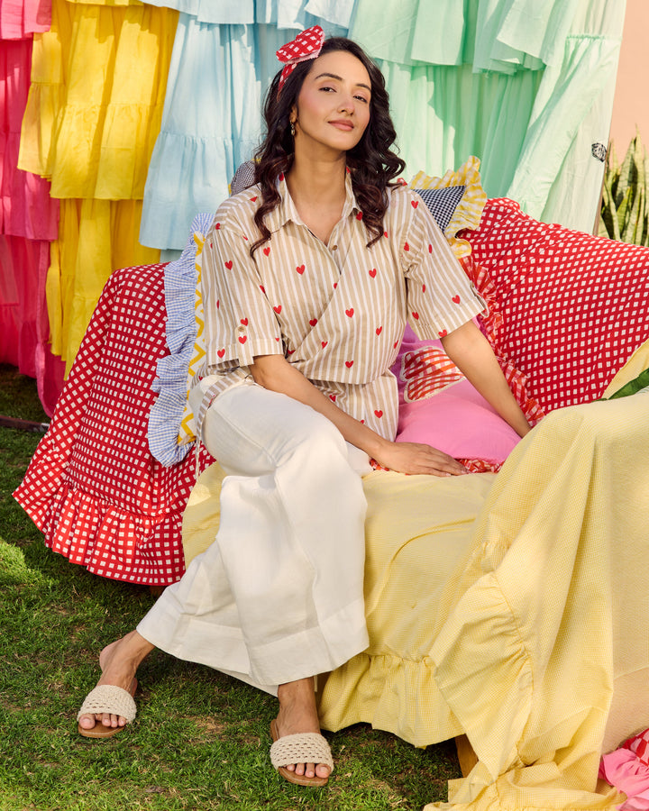 Shannon Beige Cotton Stripes &amp; Heart Printed Shirt