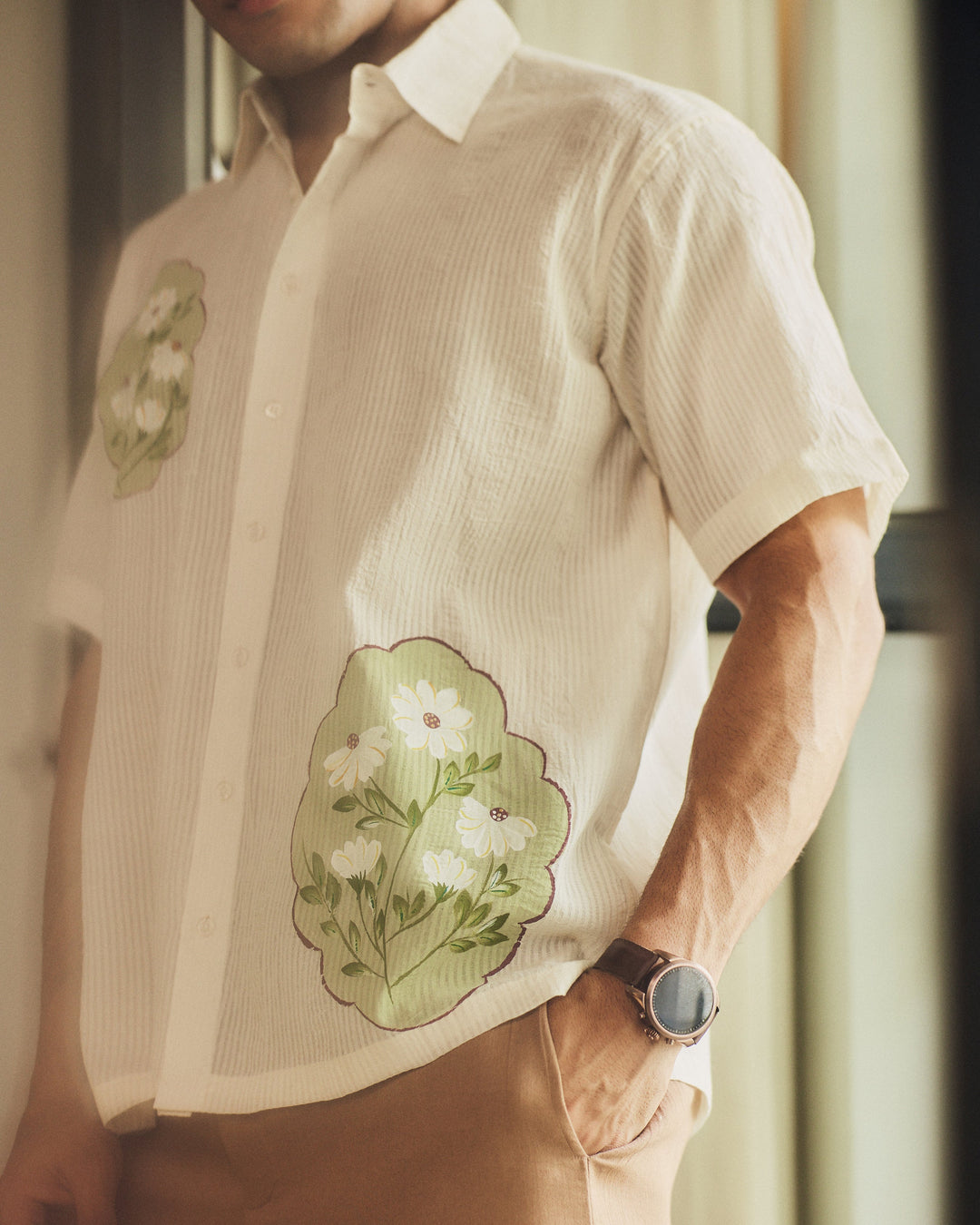 Sahil Off White Cotton Dobby Handpainted Shirt
