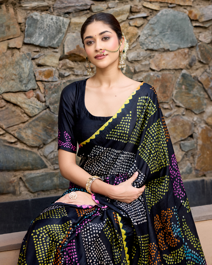 Kajal Black Gajji Silk Bandhej Saree