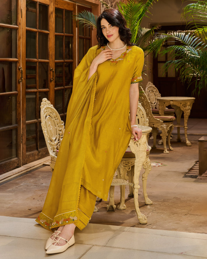 Saaz Mustard Embroidered Chanderi Suit Set