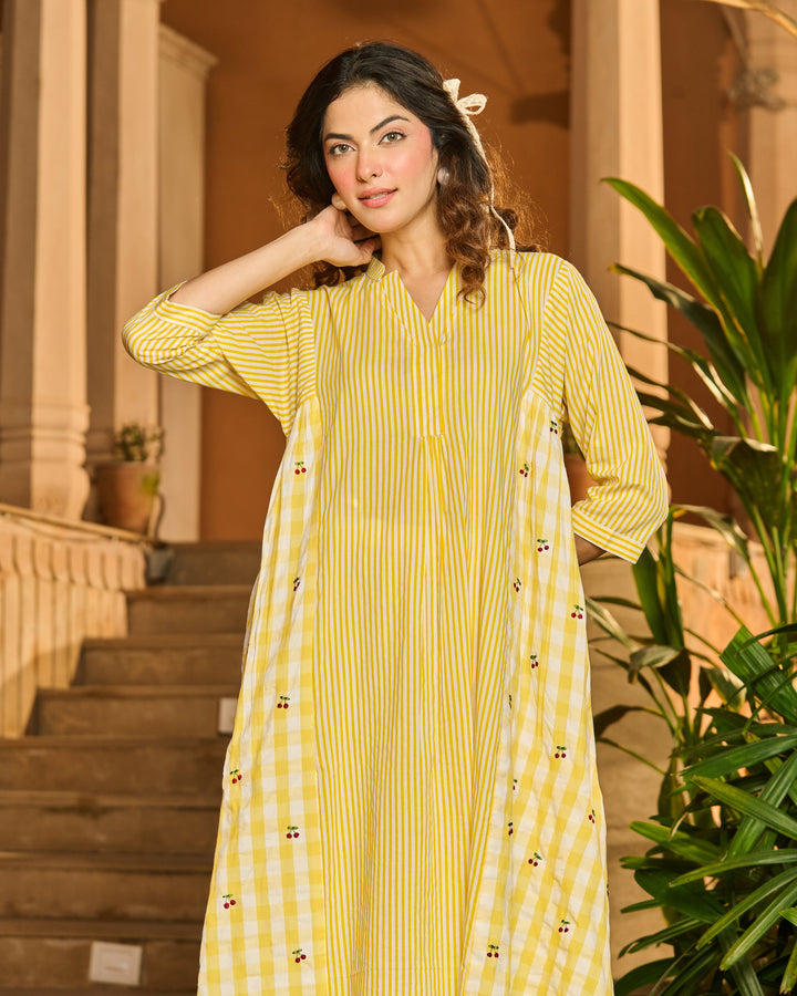 Elise Yellow Printed Stripes and Checks Cotton Kurta Set