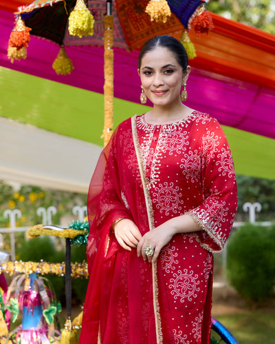 Vaidehi Maroon Bandhani Satin Suit Set