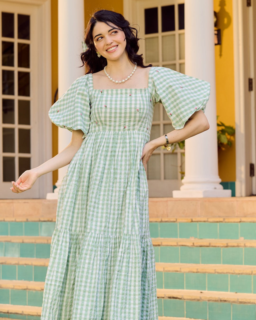 Eilish Green Embroidered Cotton Checks Dress