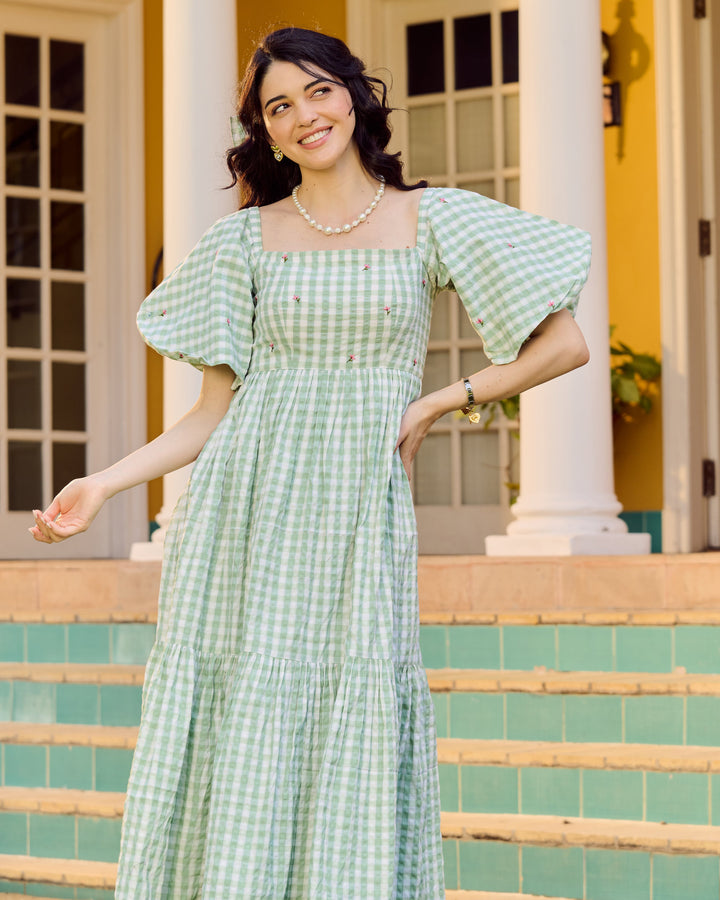 Eilish Green Embroidered Cotton Checks Dress