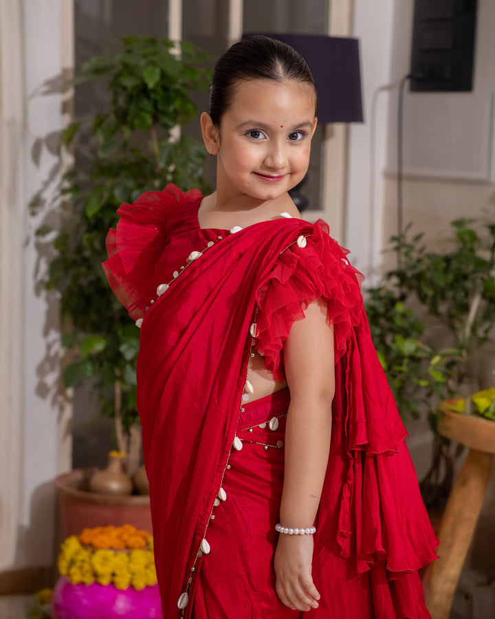Roop Red Solid Crepe Pre Draped Saree