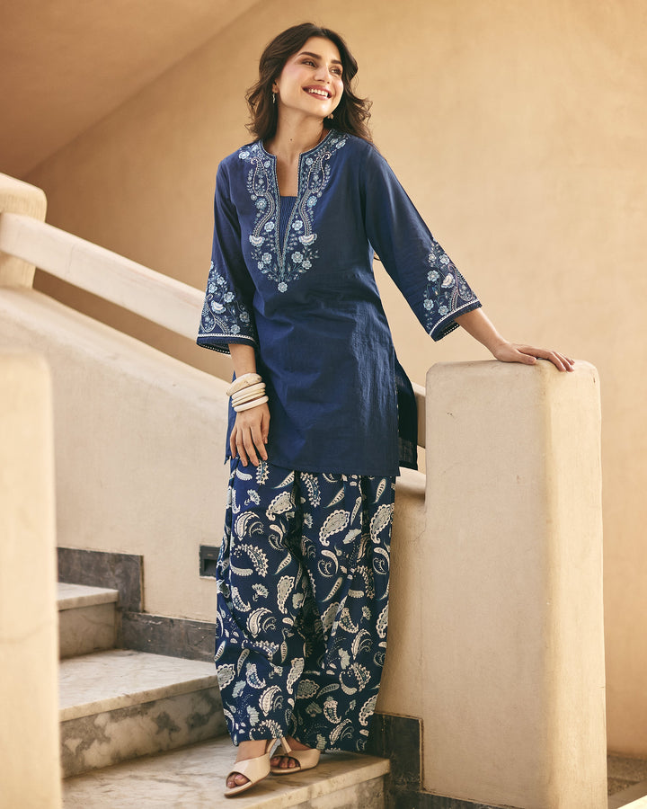 Nella Blue Cotton Printed Farsi Salwar Set