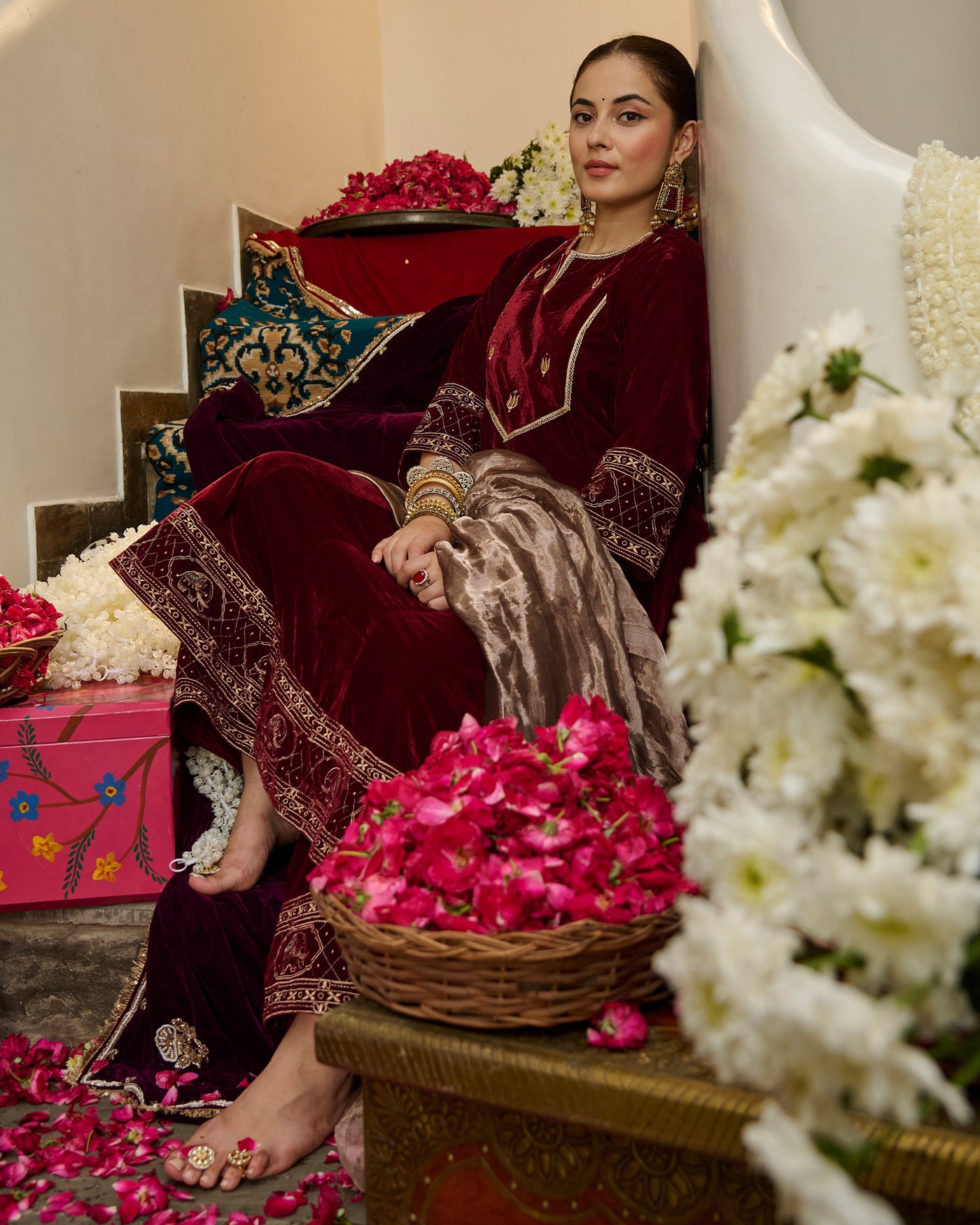 Ivaan Maroon Embroidered Velvet Suit Set