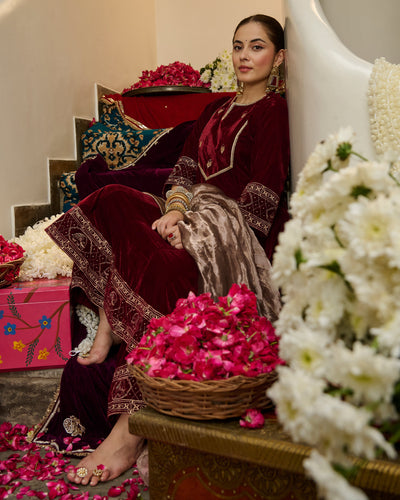 Ivaan Maroon Embroidered Velvet Suit Set