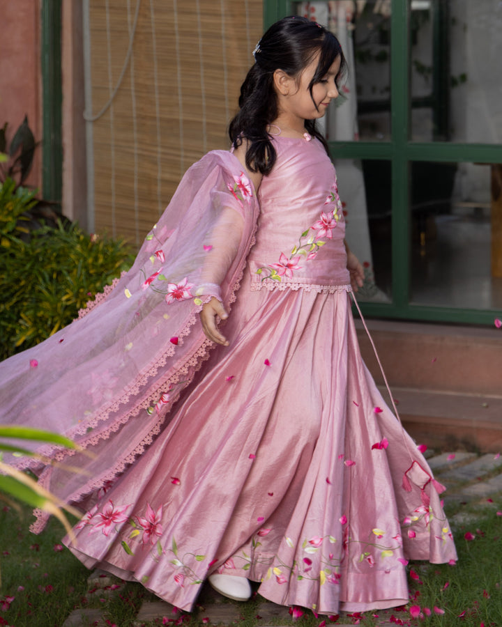 Koko Powder Pink Handpainted Chanderi Lehenga Set