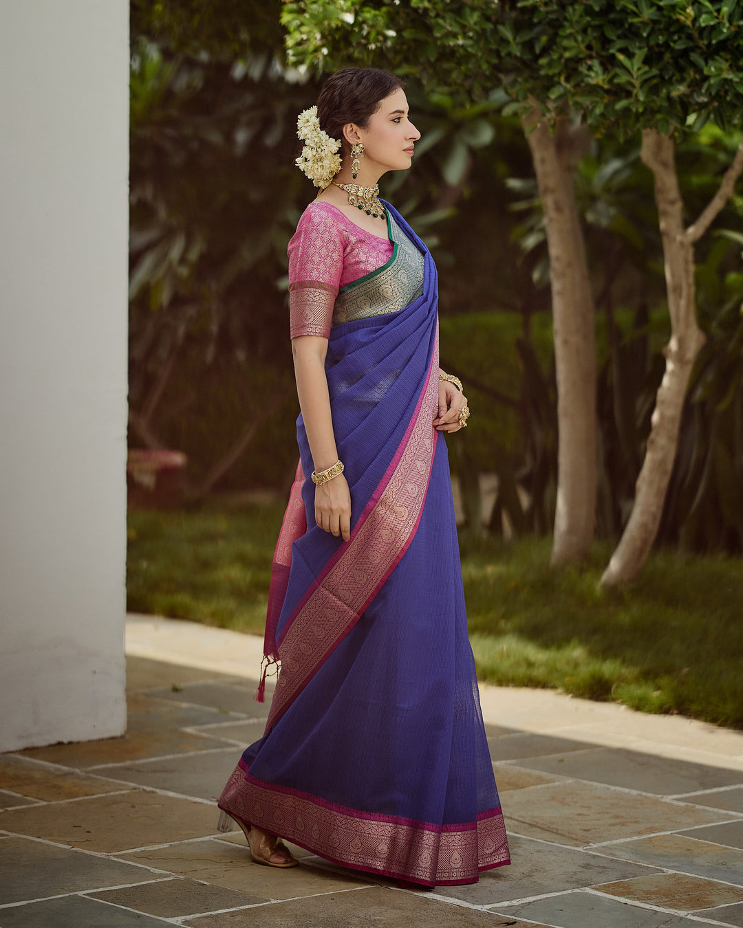 Regal Blue Pink Doria Butta Border Saree