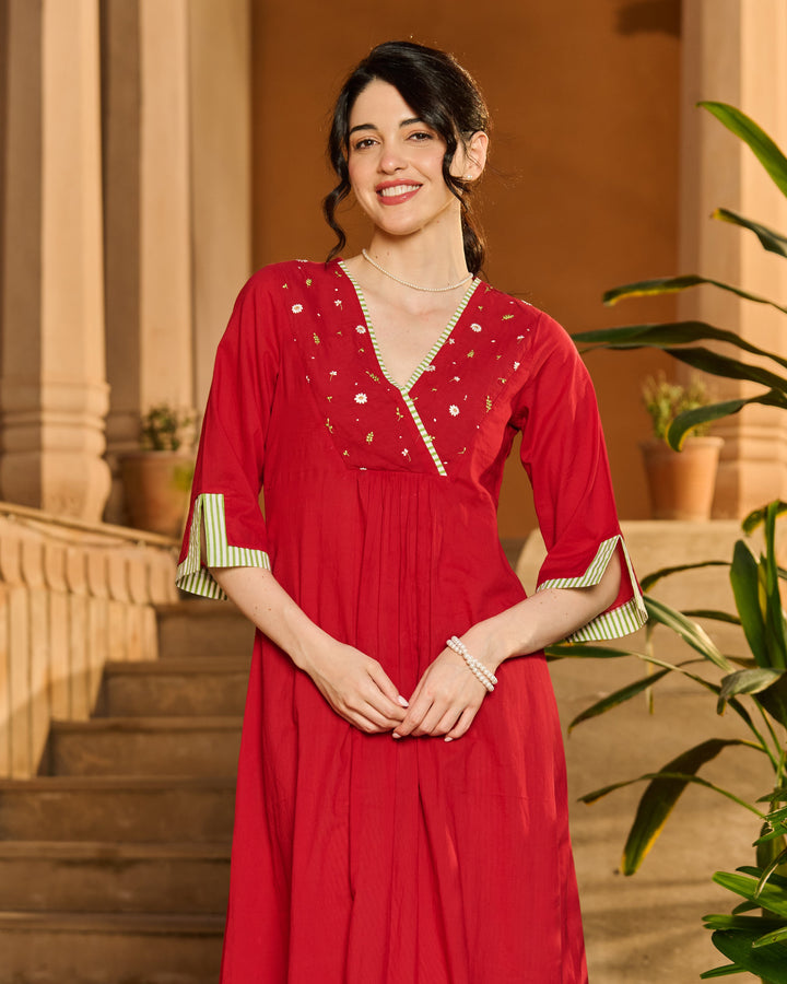 Alix Red Embroidered Cotton Kurta Set