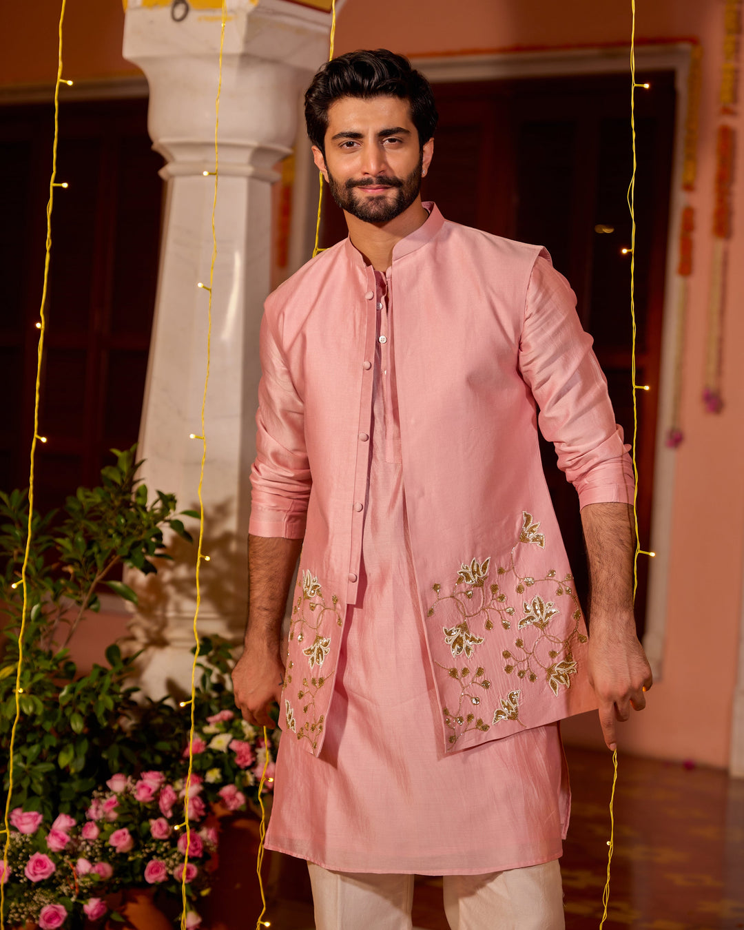Ruhansh Pink Chanderi Embroidered Jacket And Kurta Set