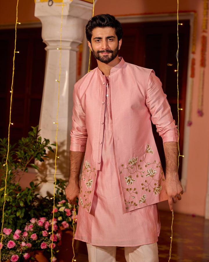 Ruhansh Pink Chanderi Embroidered Jacket And Kurta Set
