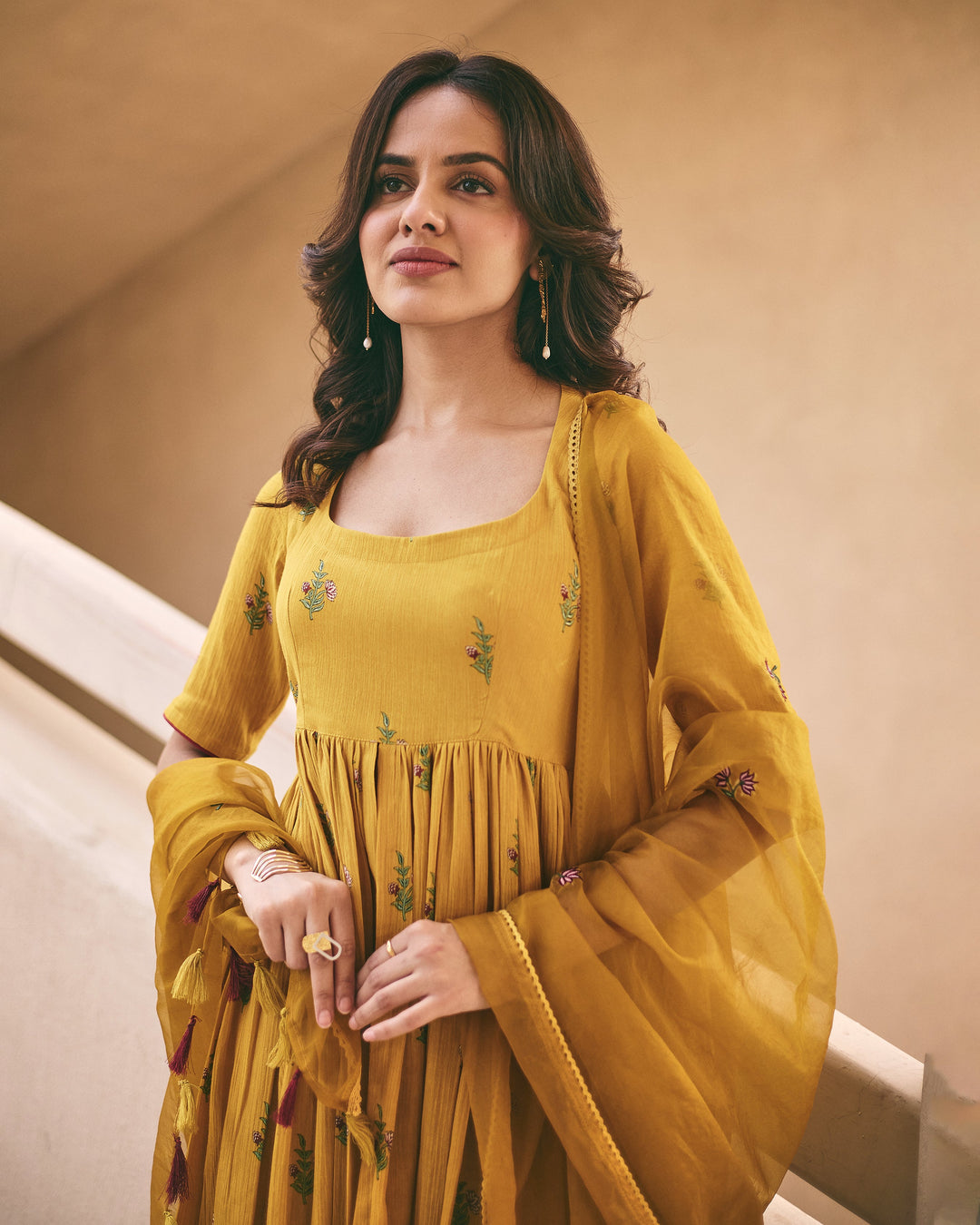 Zina Mustard Cotton Crush Printed Suit Set