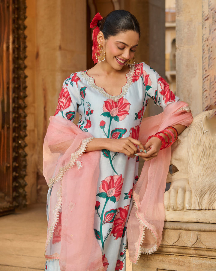 Saumya Light Blue Printed Chanderi Suit Set