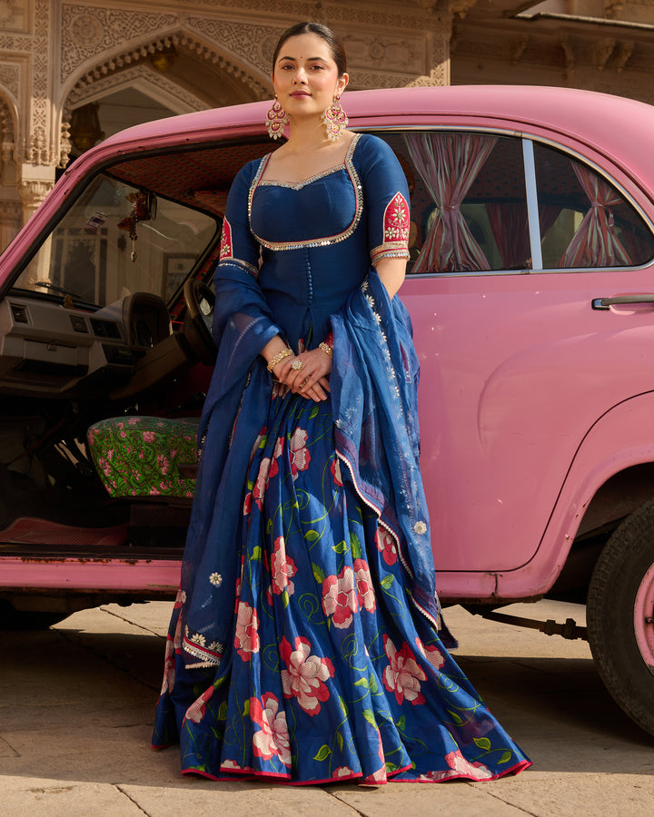 Taj Blue Printed Chanderi Lehenga Set