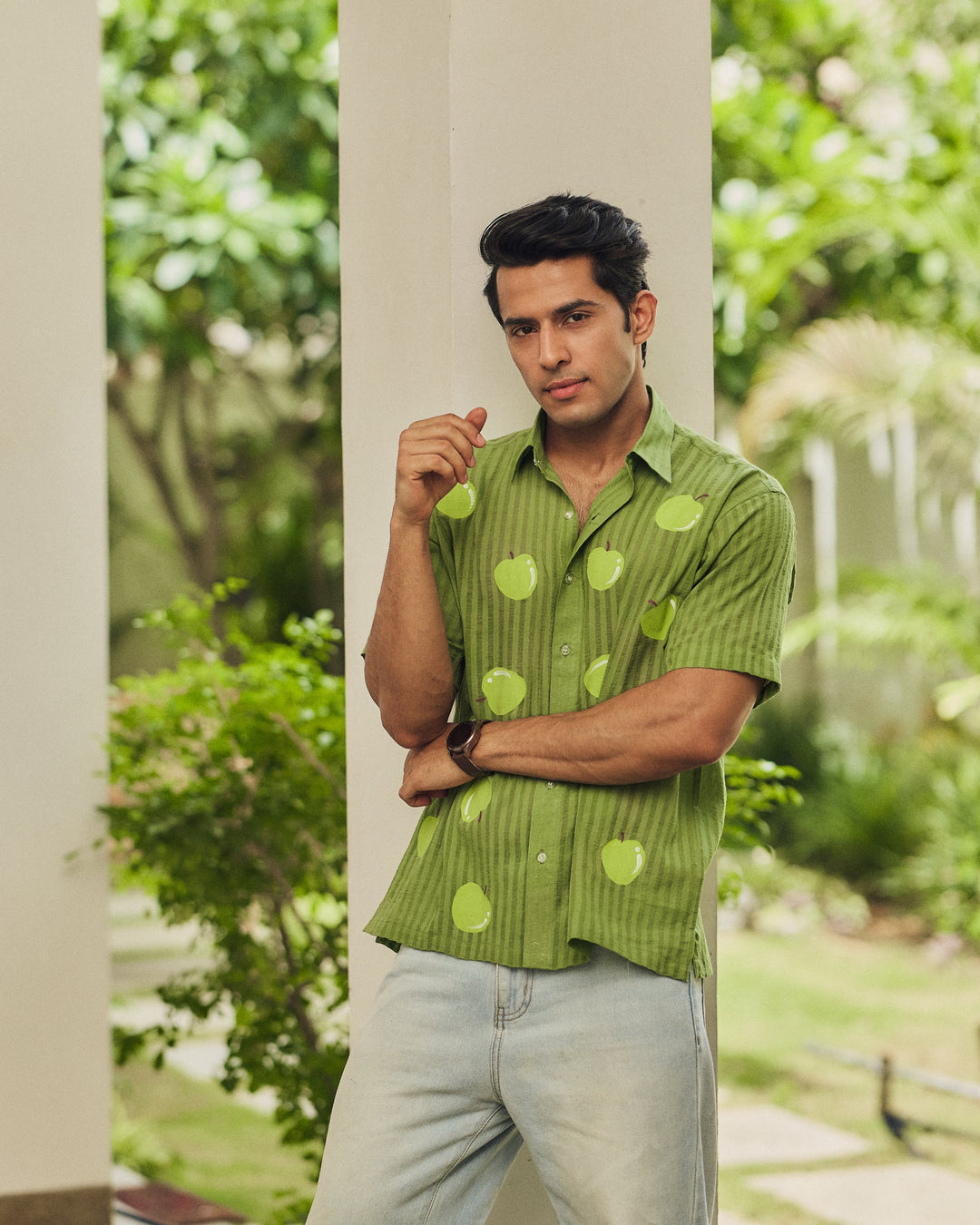 Vihaan Green Cotton Dobby Handpainted Shirt