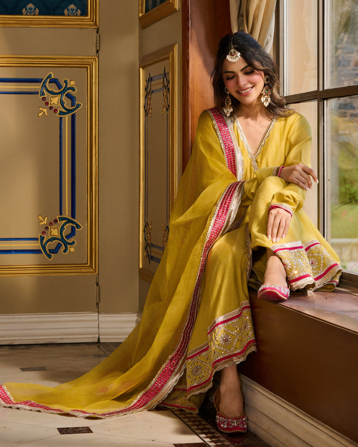 Samridhi Lime Green Embroidered Chanderi Suit Set