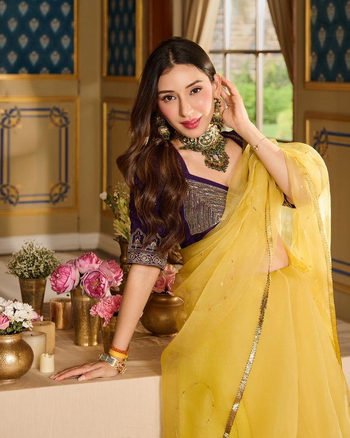Meher Purple Embroidered Satin Aangi Blouse And Saree