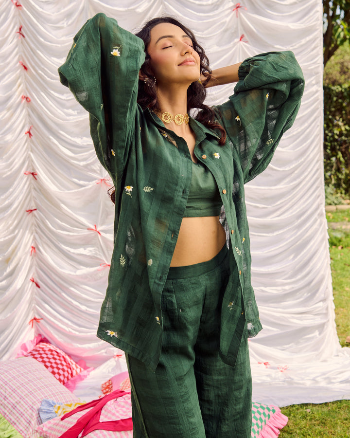 Gina Green Embroidered Cotton Checks Solid Coord Set
