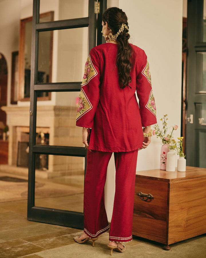Chitrali Maroon Handpainted Chanderi Coord Set