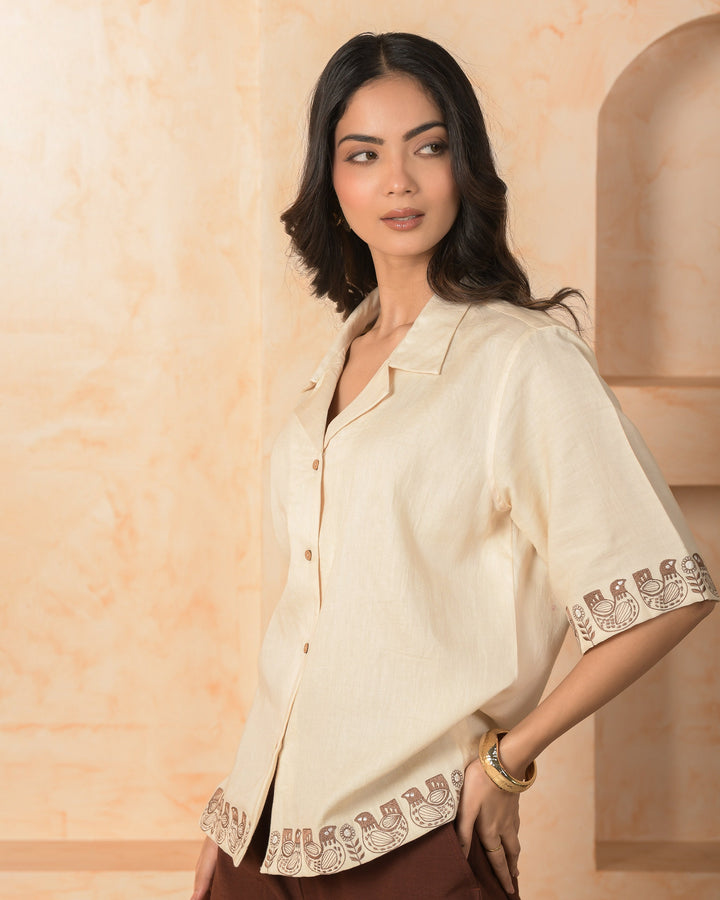 Vira Cream Embroidered Cotton Satin Shirt