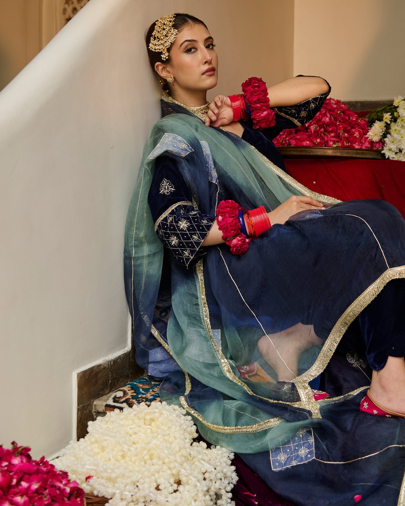 Rayan Blue Embroidered Velvet Suit Set