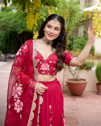 Gudhal Red Handpainted Crepe Lehenga Set