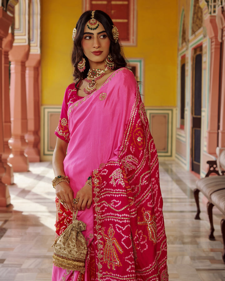 Boond Pink Embroidered Kajol Bandhej Silk Saree