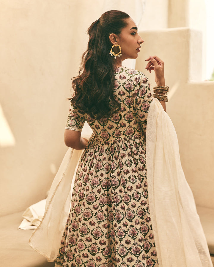Zahana Beige Cotton Printed Suit Set
