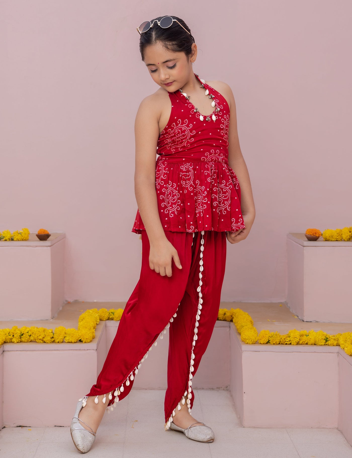 Mrunal Red Bandhani Satin Coord Set