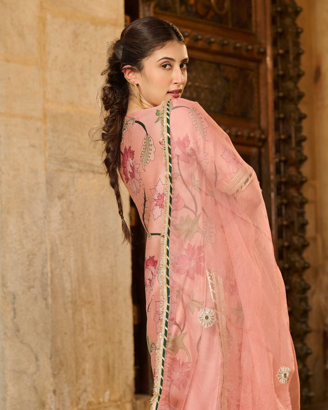 Pita Peach Printed Chanderi Suit Set
