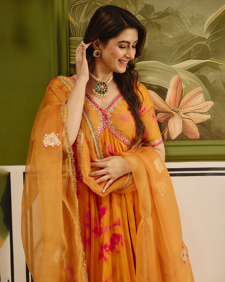 Sapna Orange Pink Tie Dye Muslin Suit Set