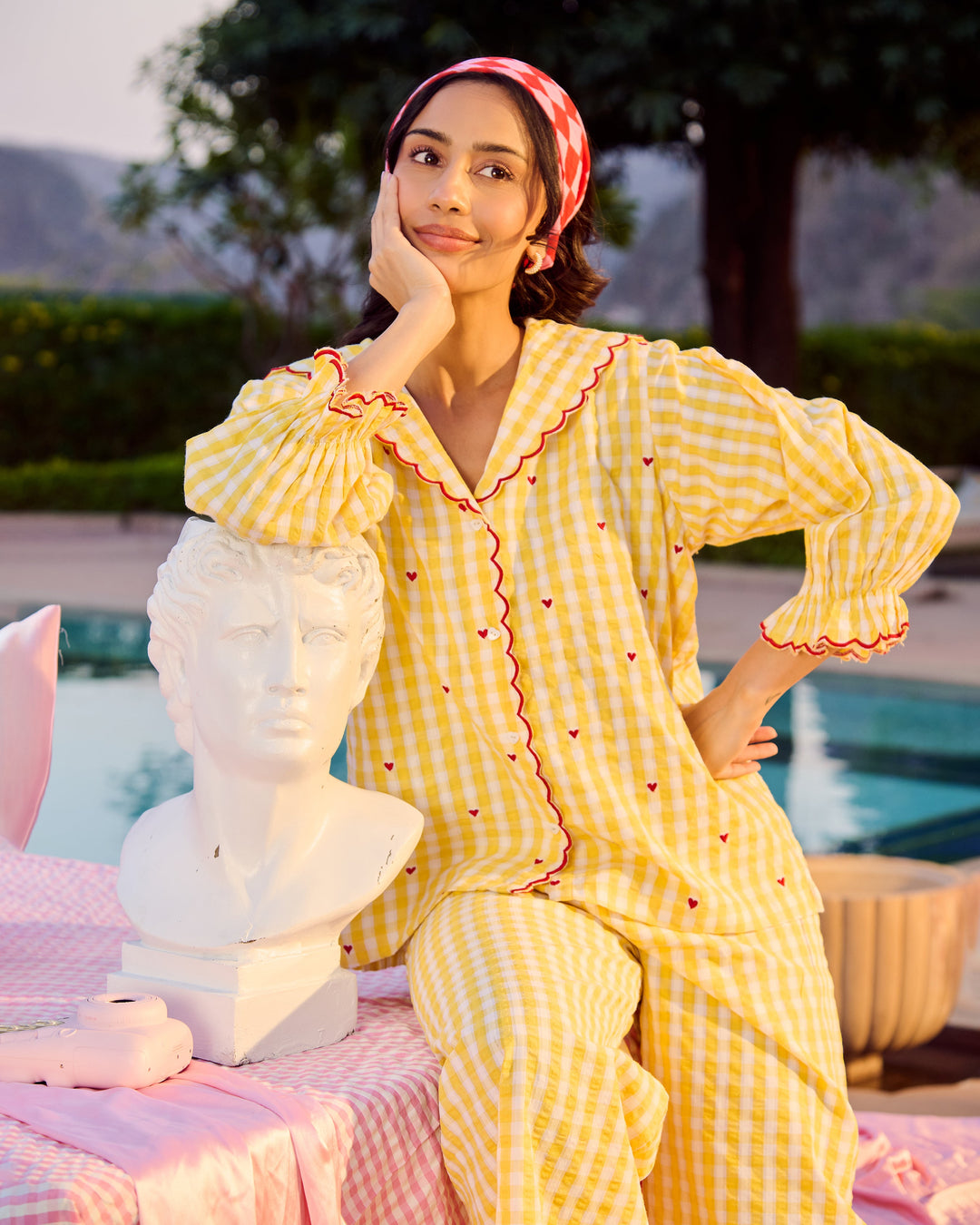 Bianca Yellow Embroidered Cotton Checks Loungewear