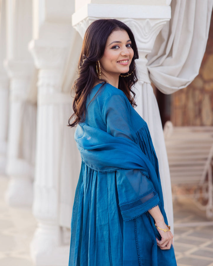 Desi Blue Embroidered Chanderi Suit Set