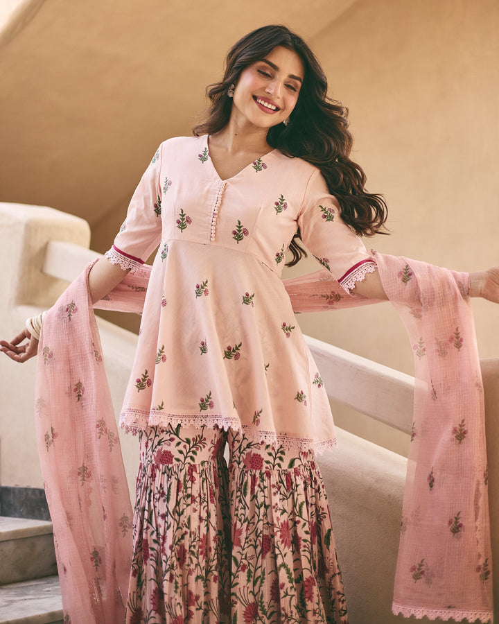Mitya Powder Pink Cotton Printed Sharara Set