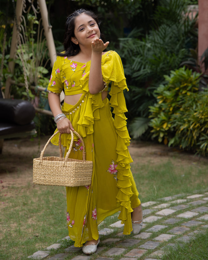 Petunia Lime Handpainted Georgette Pre Draped Saree