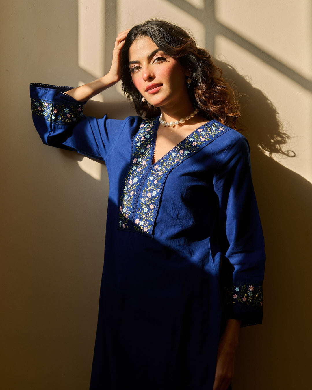 Ease Blue Embroidered Cotton Kurta Set