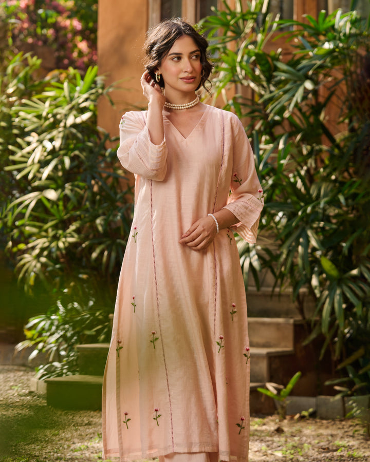 Lina Peach Embroidered Cotton Checks Kurta Set