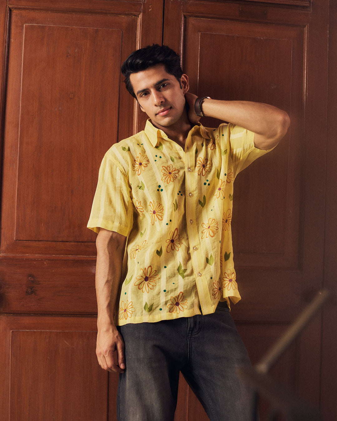 Prashant Yellow Cotton Dobby Handpainted Shirt
