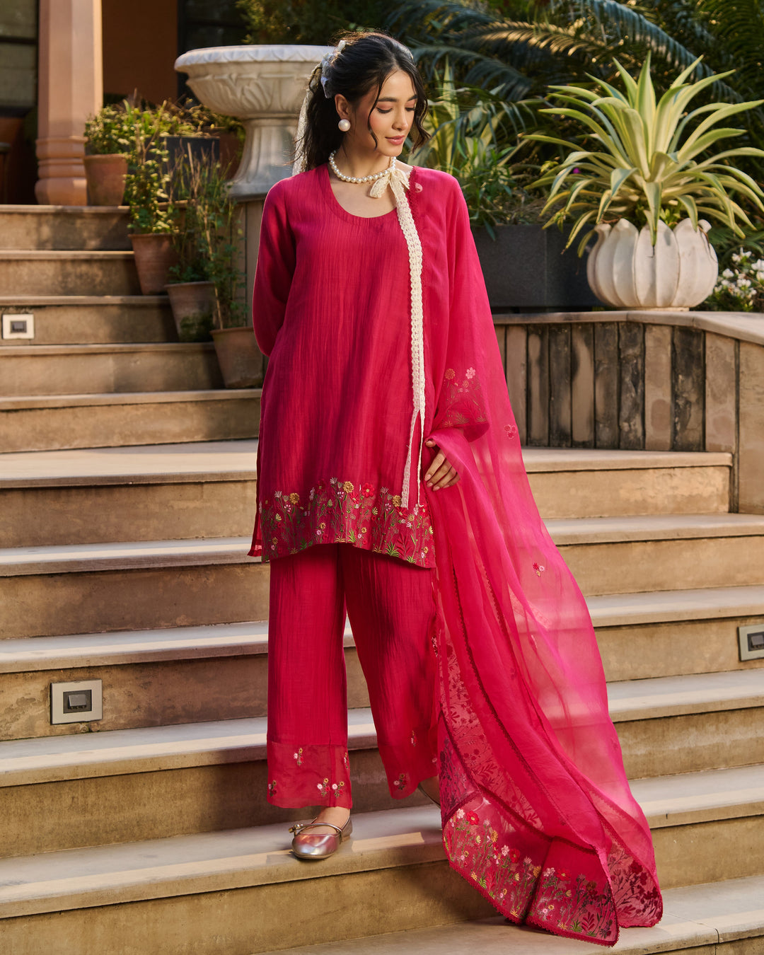 Taru Pink Embroidered Chanderi Suit Set