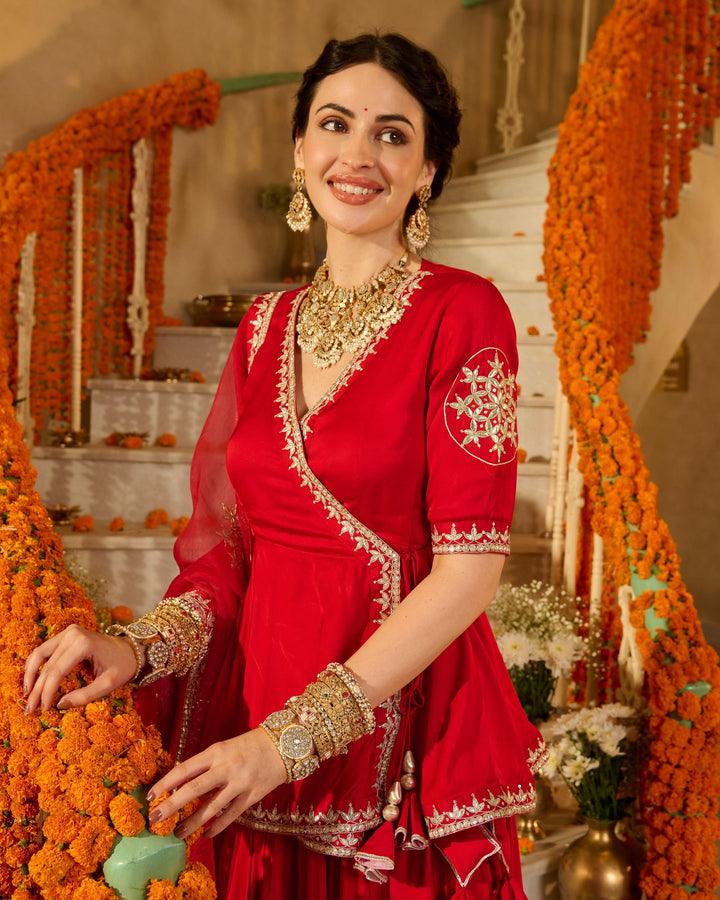 Mehka Red Solid Satin Lehenga Set