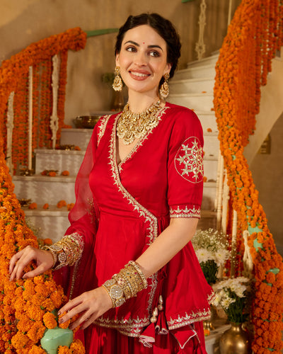 Mehka Red Solid Satin Lehenga Set