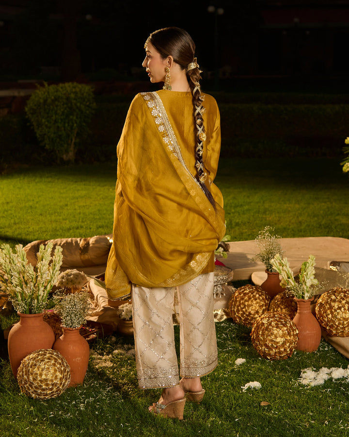 Aarvika Mustard Beige Embroidered Chanderi Suit Set