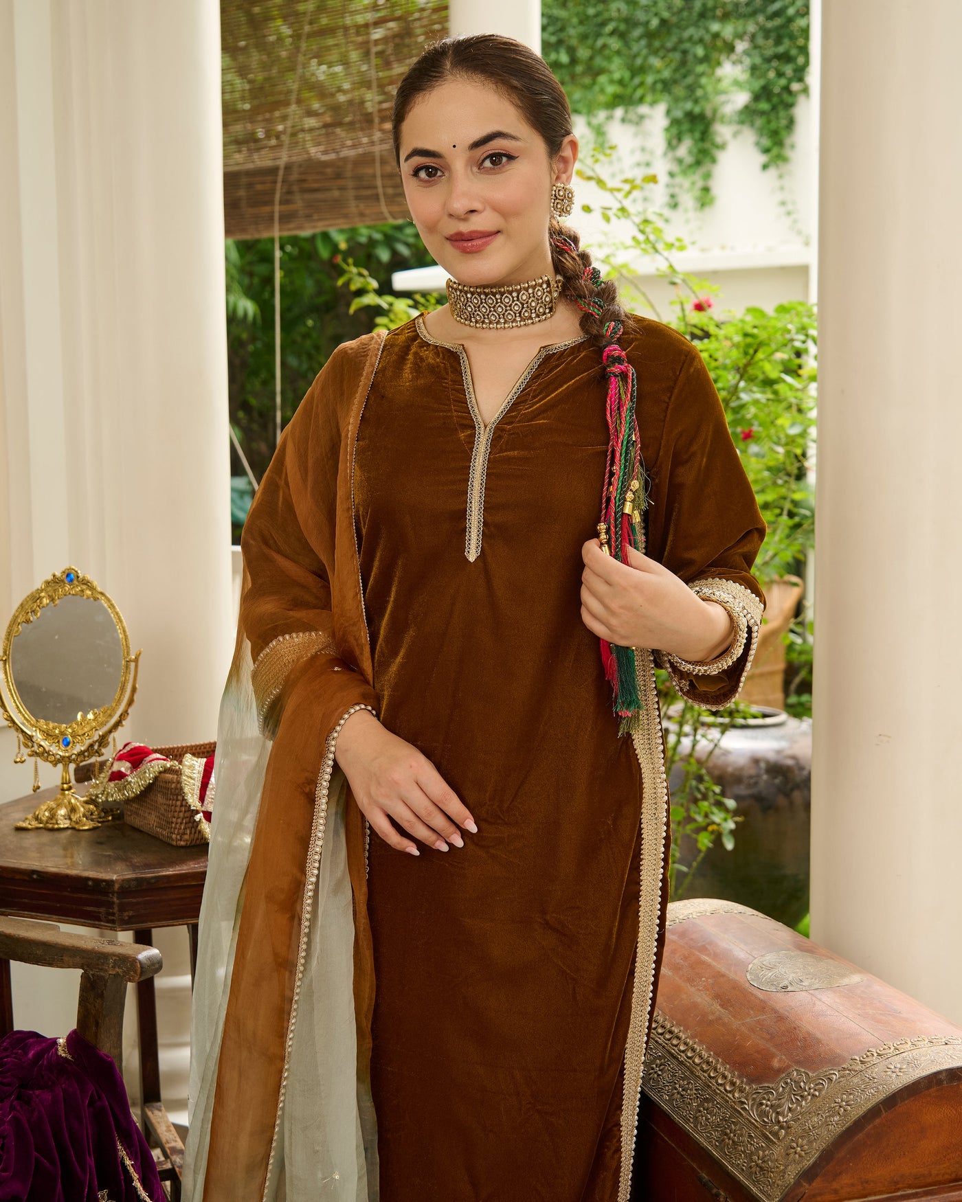 Shaili Mustard Solid Velvet Suit Set