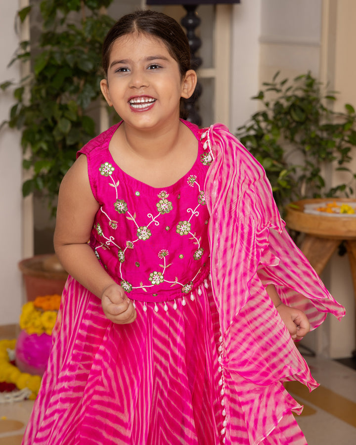 Mishti Pink Leheriya Organza Lehenga Set