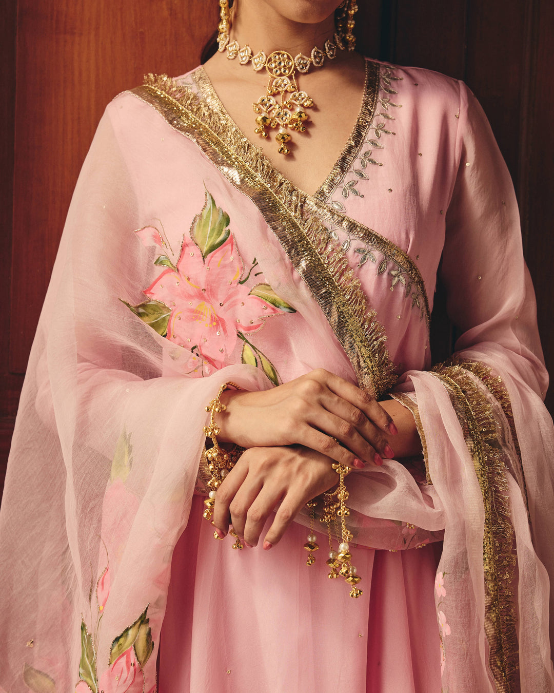 Kalpini Pink Handpainted Viscose Organza Suit Set