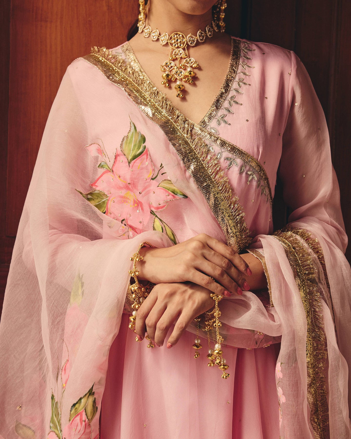 Kalpini Pink Handpainted Viscose Organza Suit Set