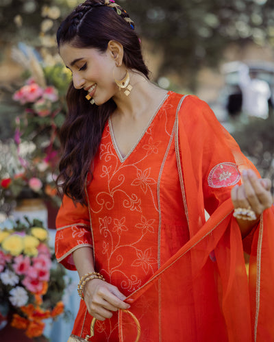 Saumya Orange Bandhani Chanderi Suit Set